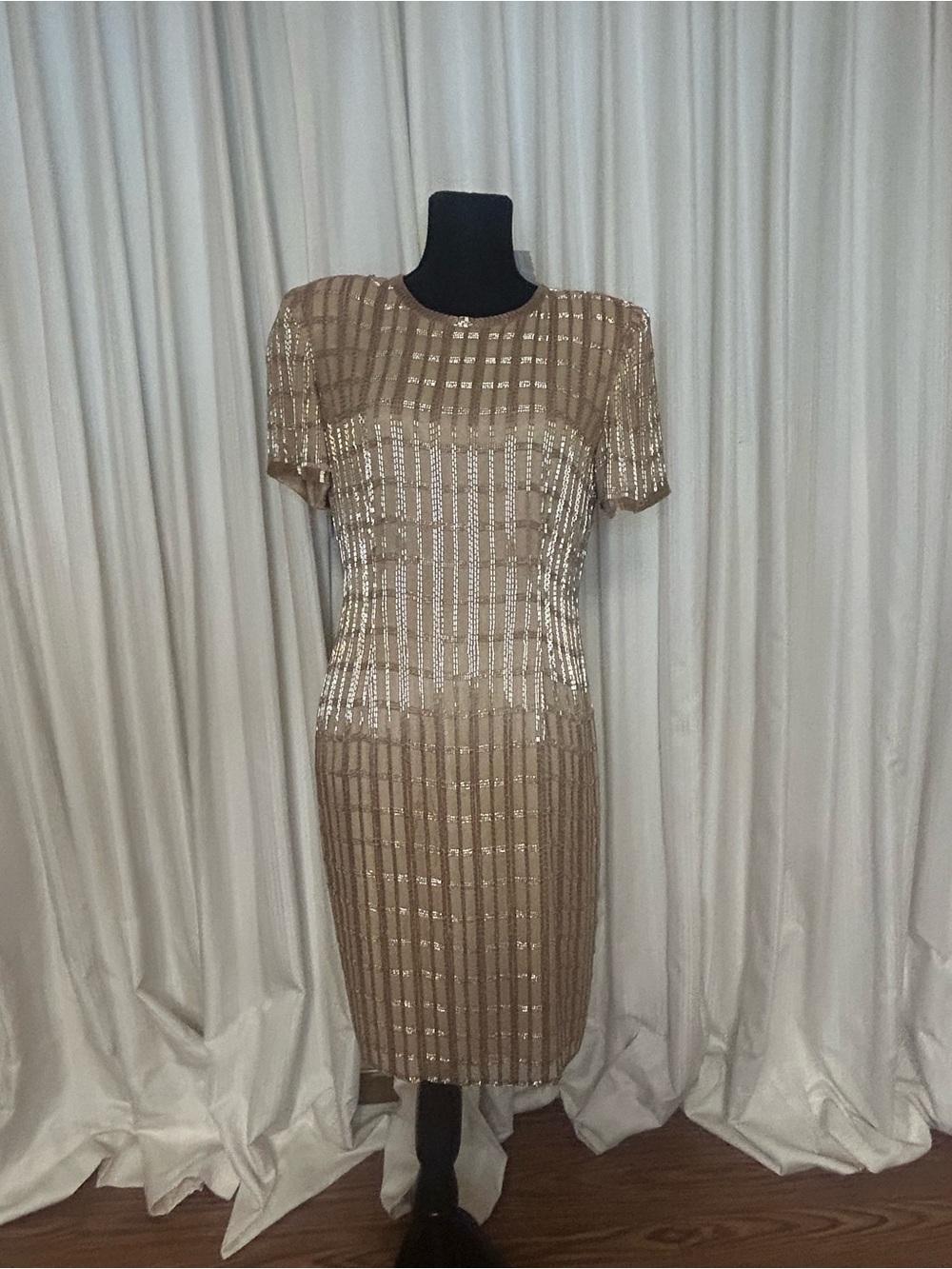 Beige Sequin Grid Sheath Dress